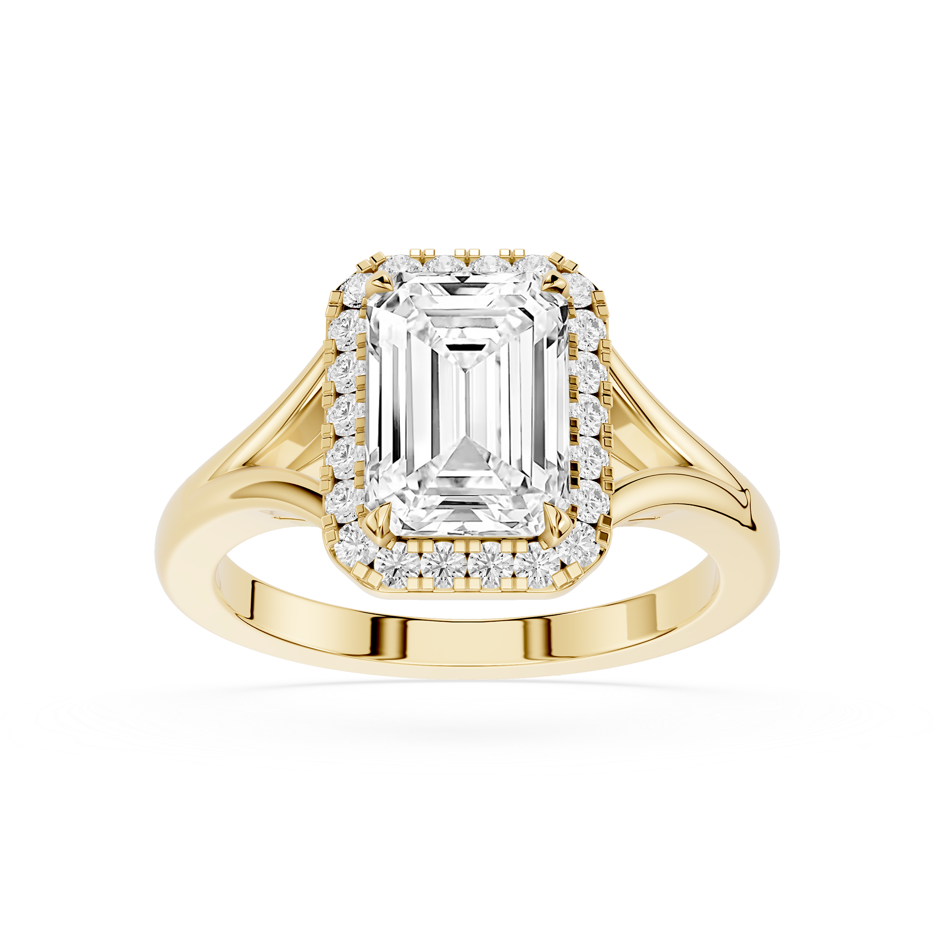 Gold ring with emerald-cut diamond and smaller diamonds on a white background