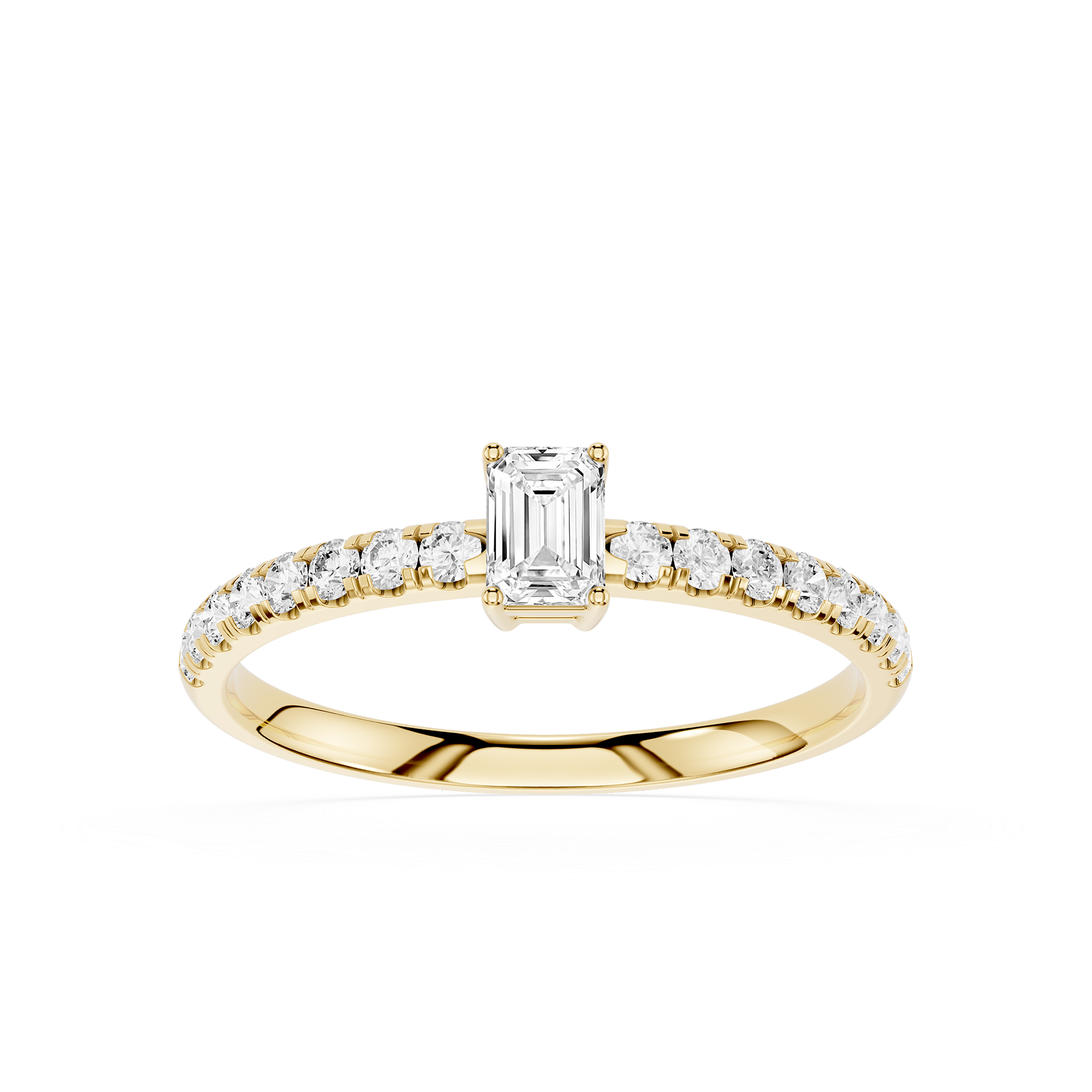 Gold ring with emerald-cut diamond and smaller diamonds on a white background