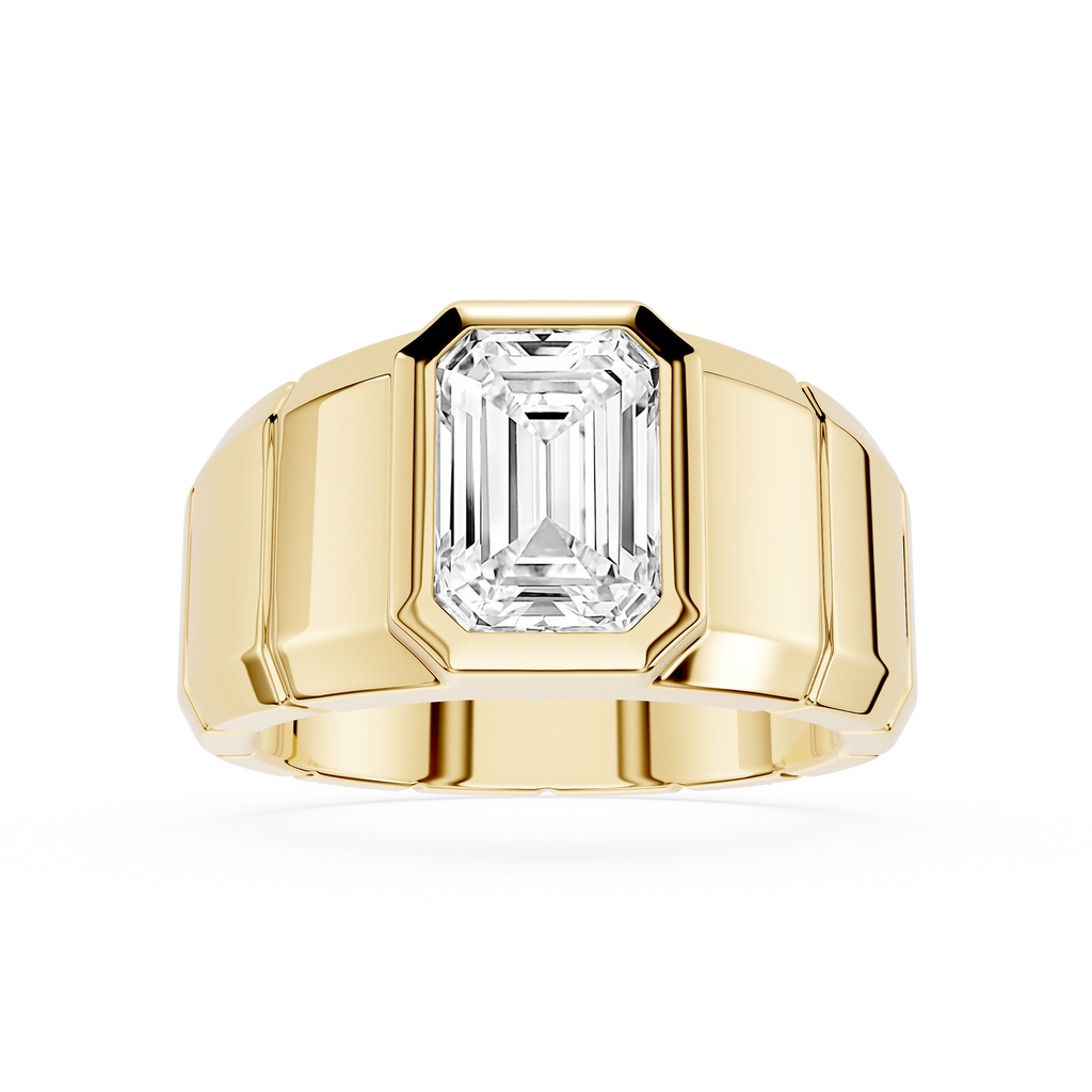 Gold ring with a large diamond on a white background