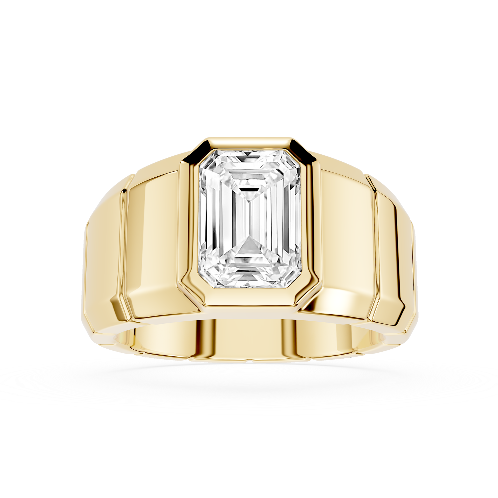 Gold ring with a large diamond on a white background