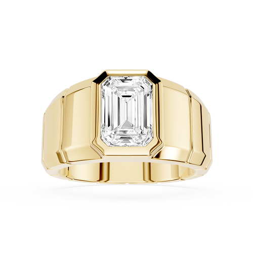Gold ring with a large diamond on a white background