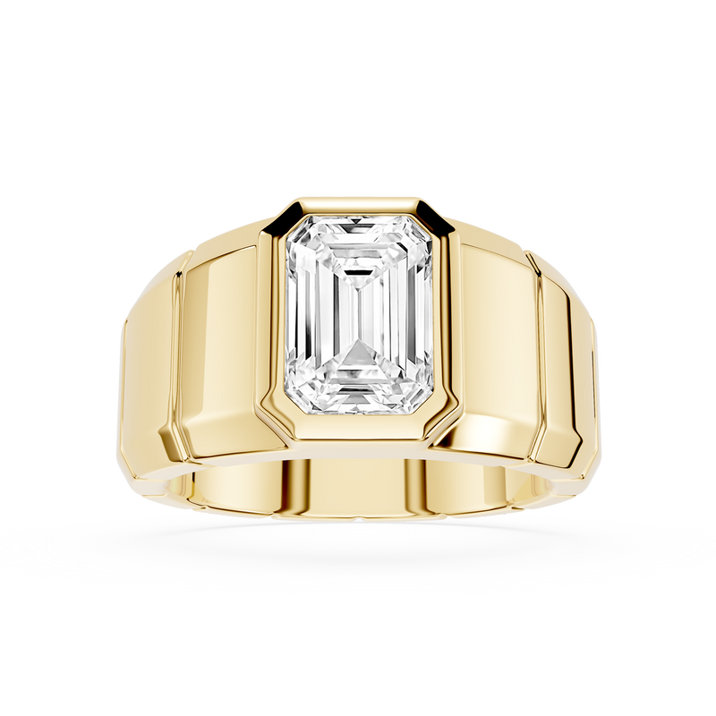 Gold ring with a large diamond on a white background
