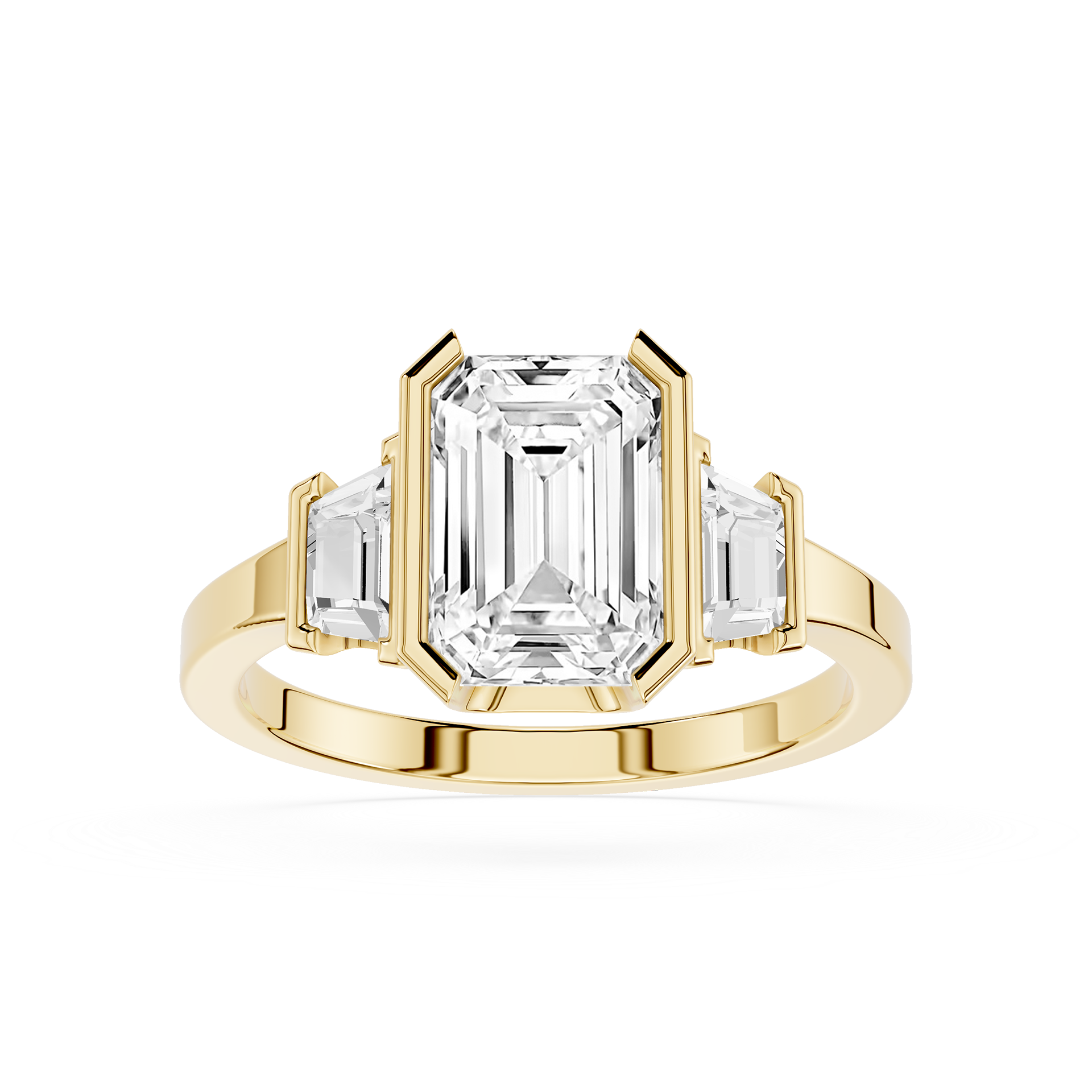 Gold ring with emerald-cut diamond on a white background