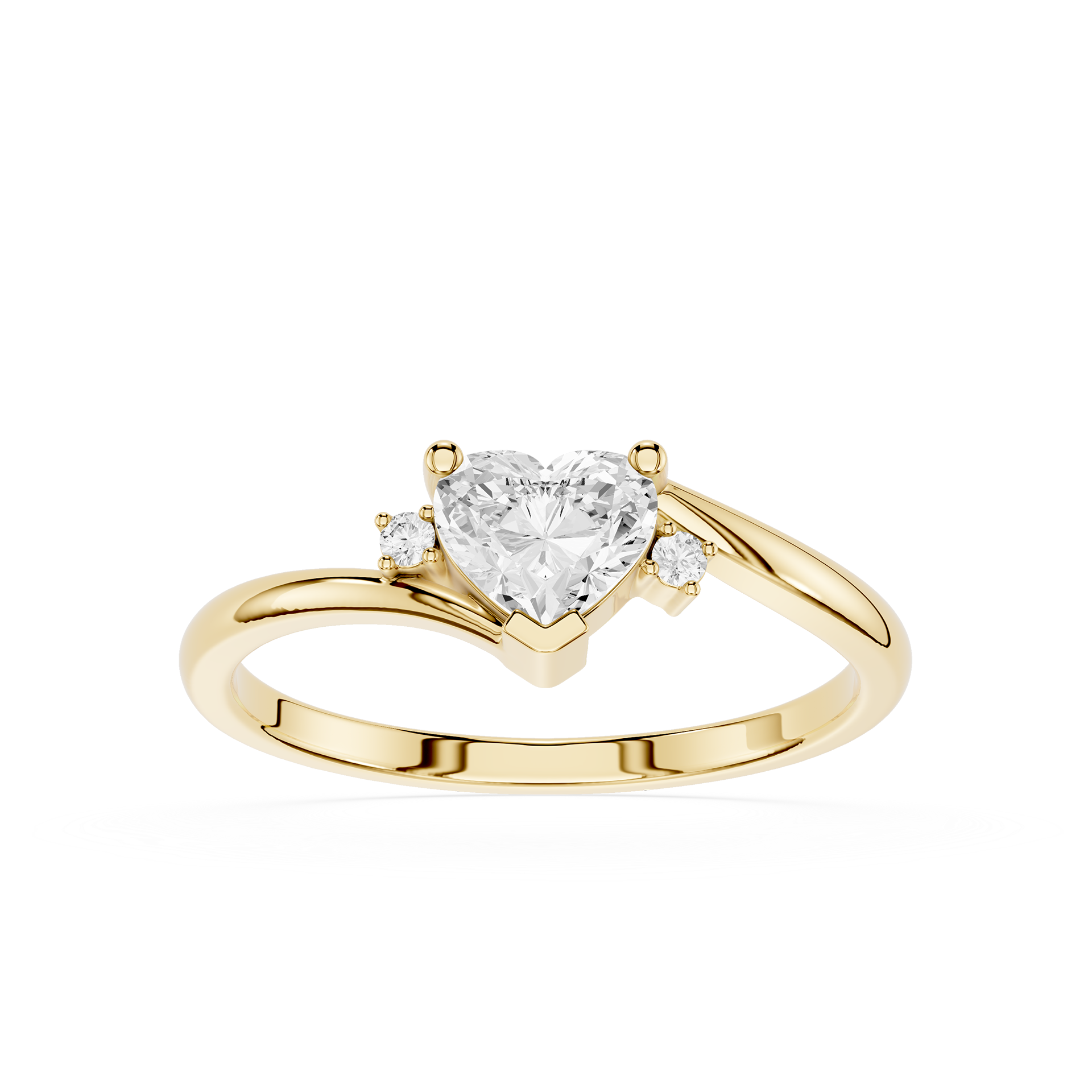 Gold ring with a heart-shaped diamond on a white background