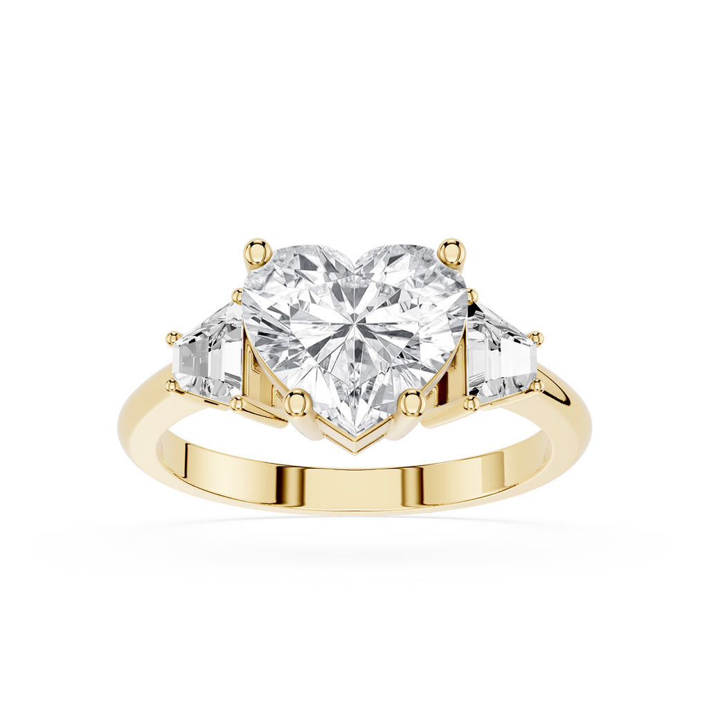 Gold ring with a heart-shaped diamond and smaller diamonds on a white background