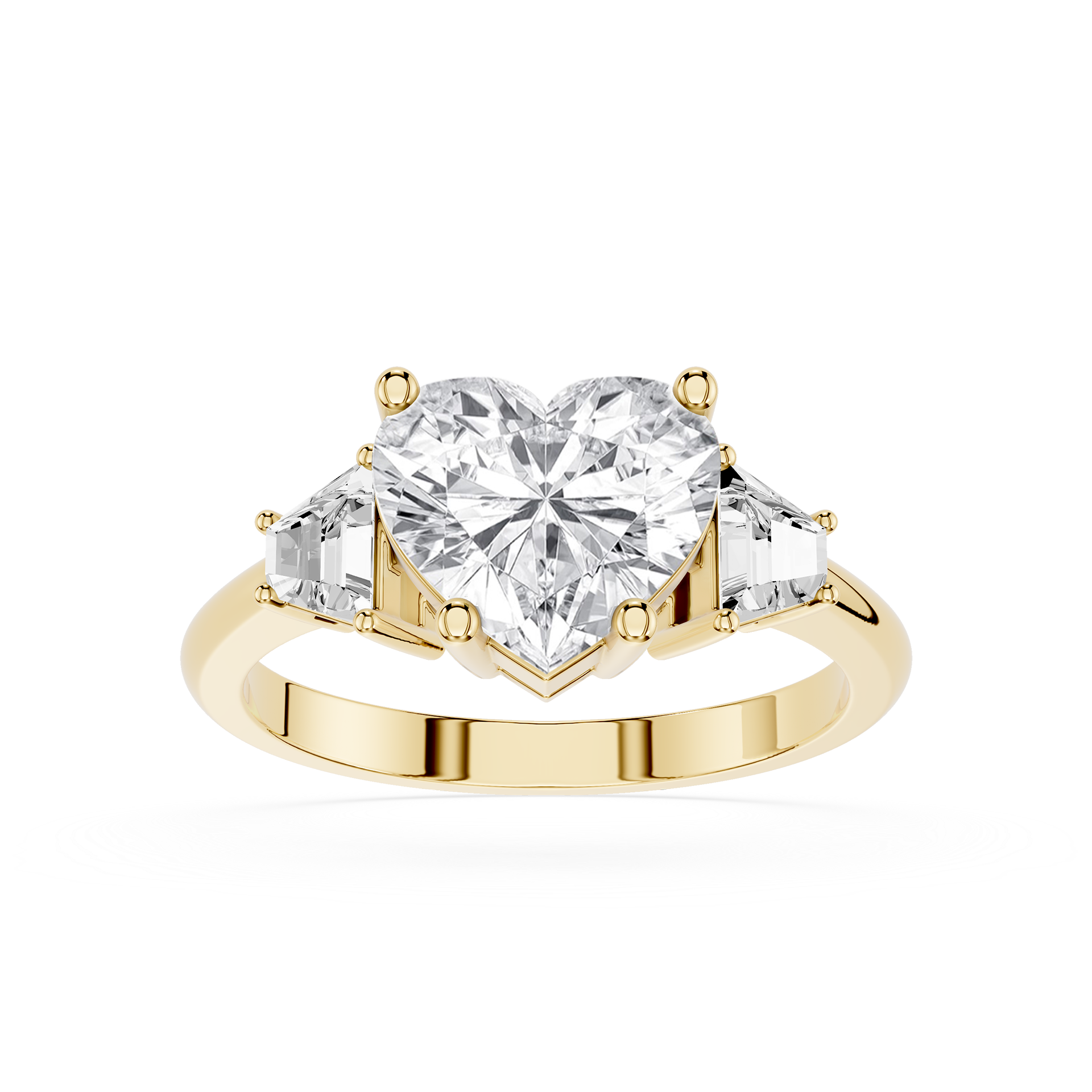 Gold ring with a heart-shaped diamond and smaller diamonds on a white background