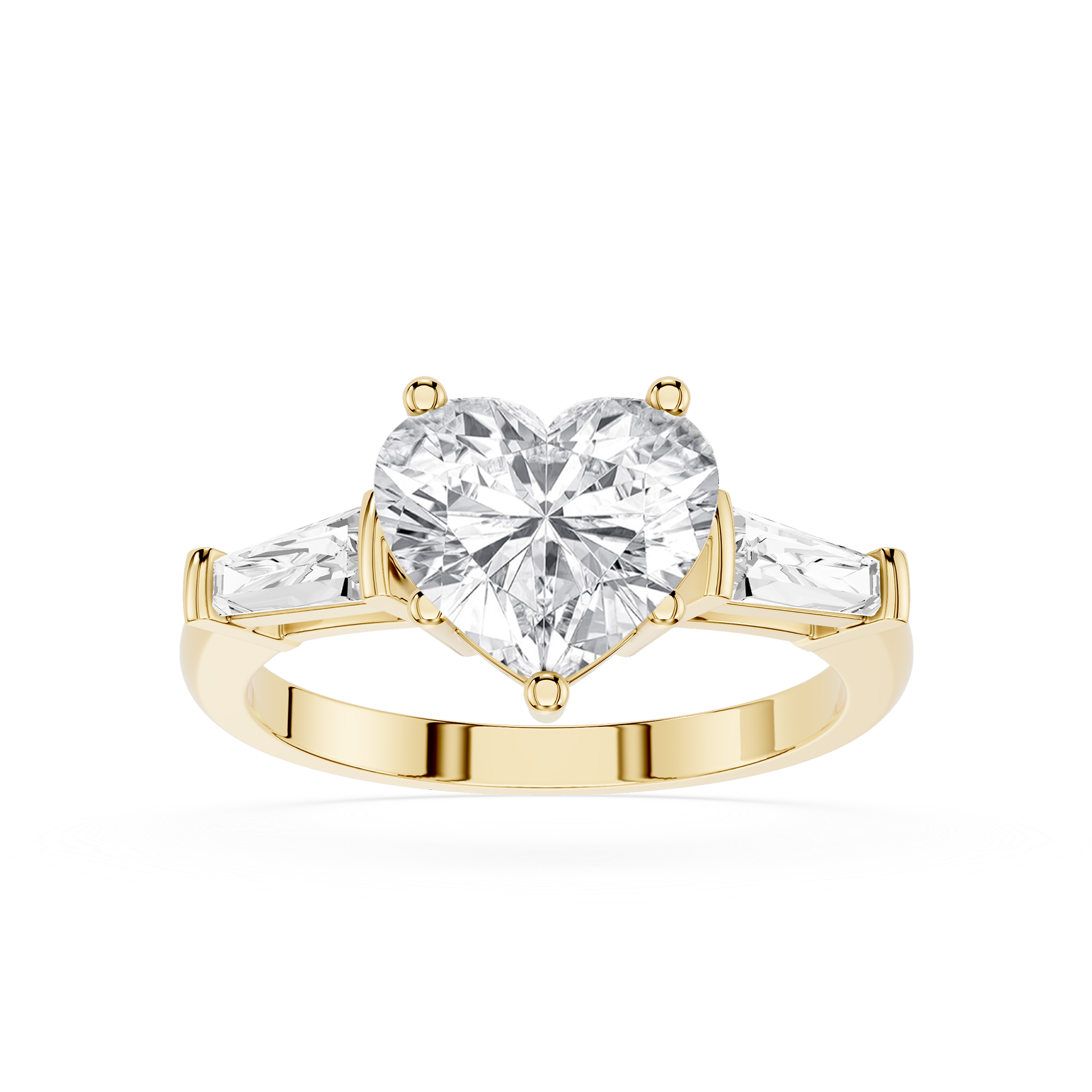 Gold ring with a heart-shaped diamond and two smaller diamonds on a white background