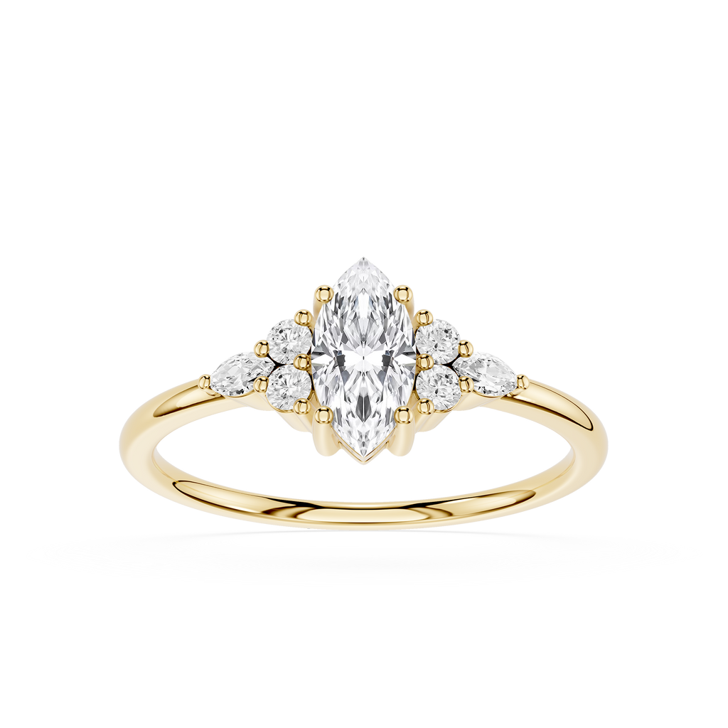 Gold ring with a marquise-shaped diamond and smaller diamonds on a white background
