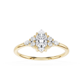 Gold ring with a marquise-shaped diamond and smaller diamonds on a white background