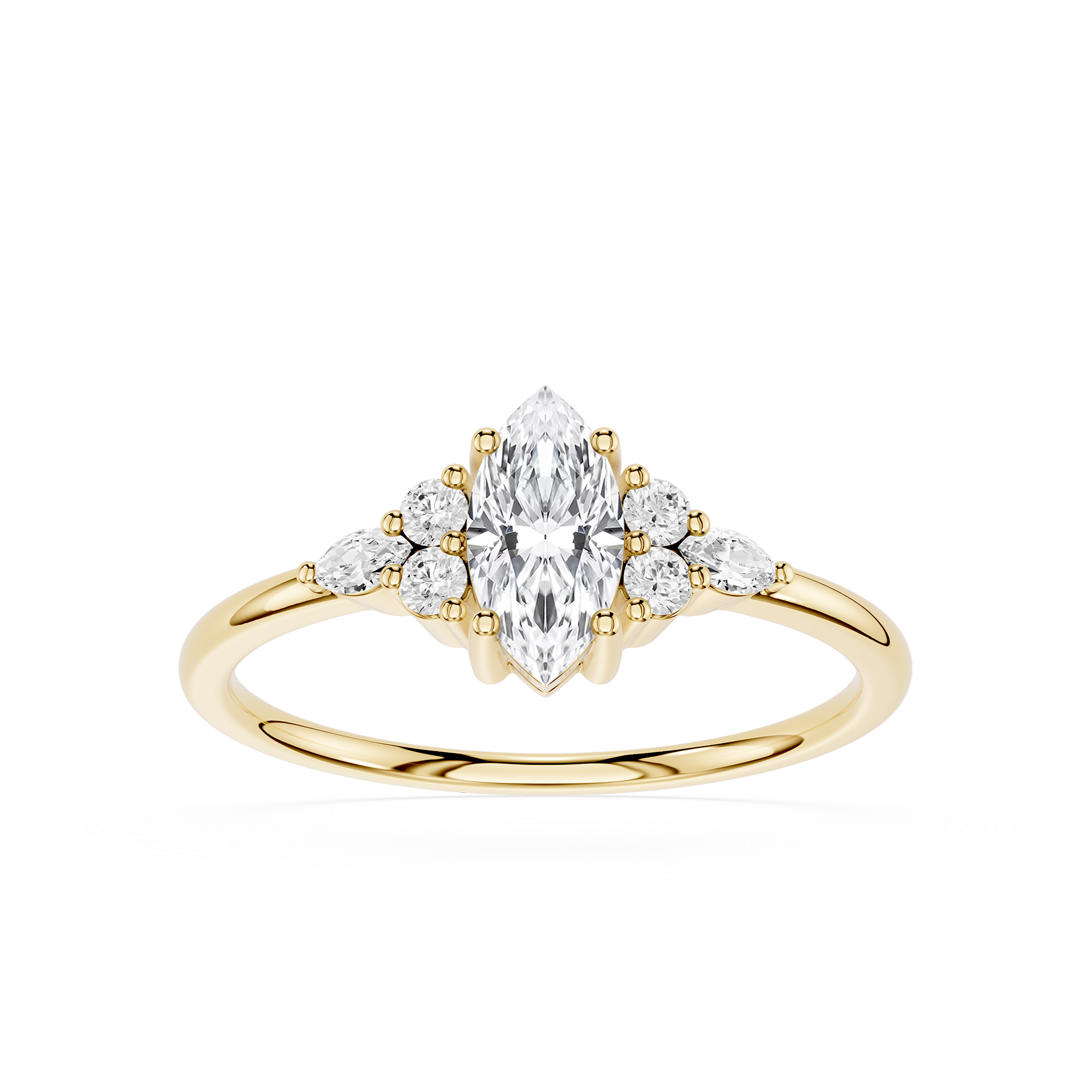 Gold ring with a marquise-shaped diamond and smaller diamonds on a white background
