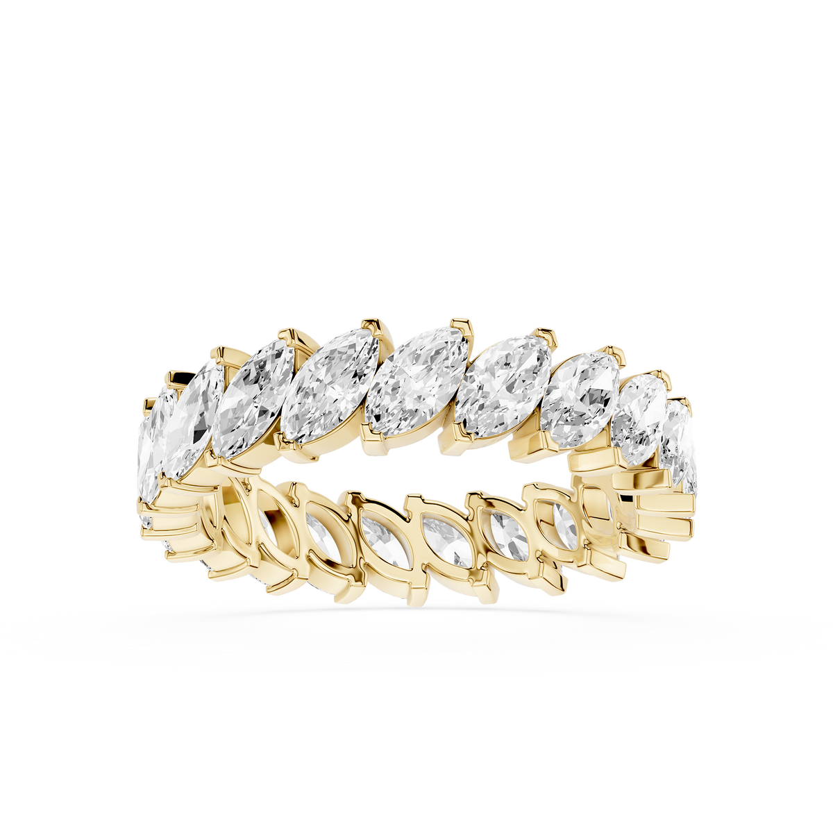 Marquise Lab Grown Diamond Eternity Band in Yellow Gold featuring shared prong set marquise diamonds in a full eternity design wedding band.