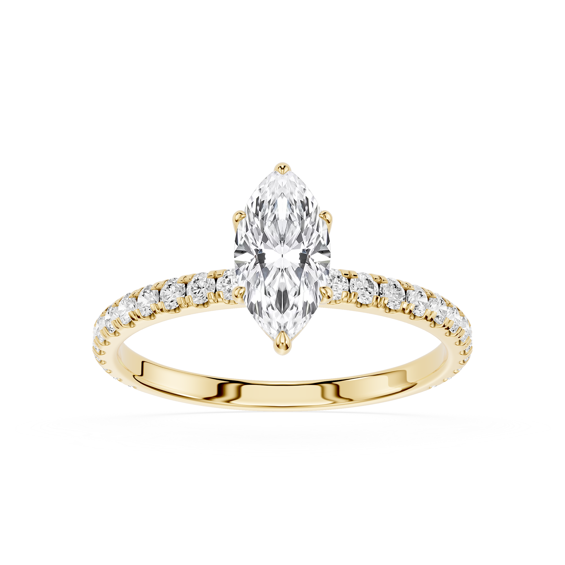 Gold ring with a pear-shaped diamond and smaller diamonds on a white background