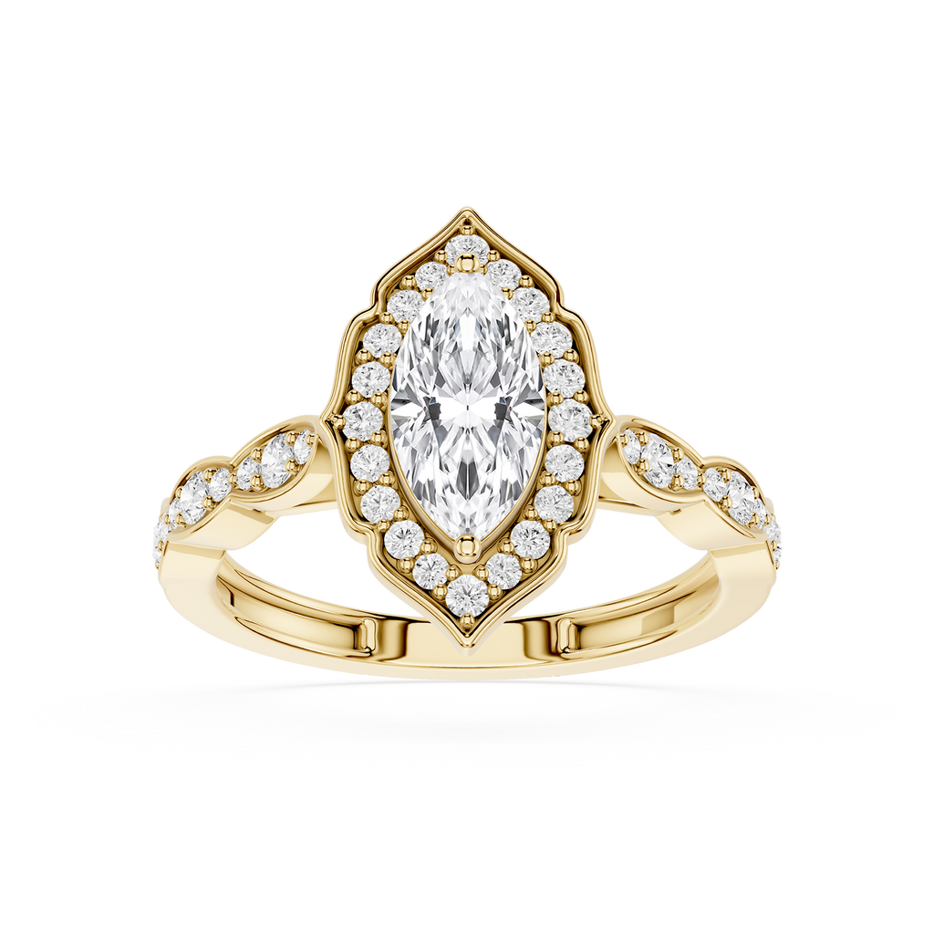 Gold ring with a pear-shaped diamond and smaller diamonds on a white background