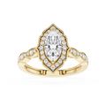 Gold ring with a pear-shaped diamond and smaller diamonds on a white background