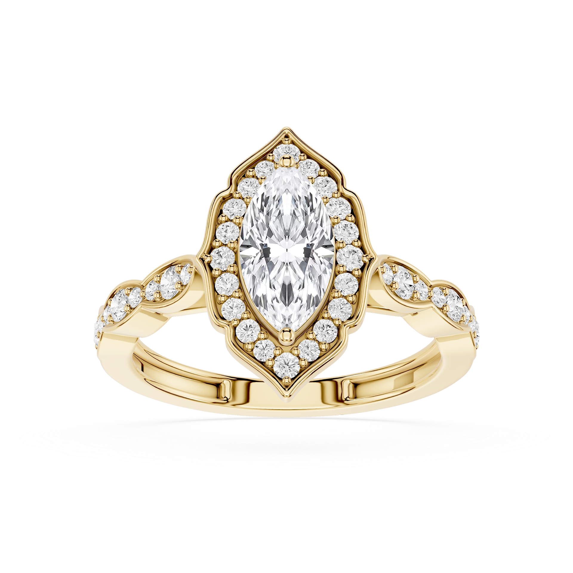 Gold ring with a pear-shaped diamond and smaller diamonds on a white background