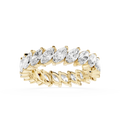 Gold ring with marquise-shaped diamonds on a white background