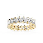 Gold ring with marquise-shaped diamonds on a white background