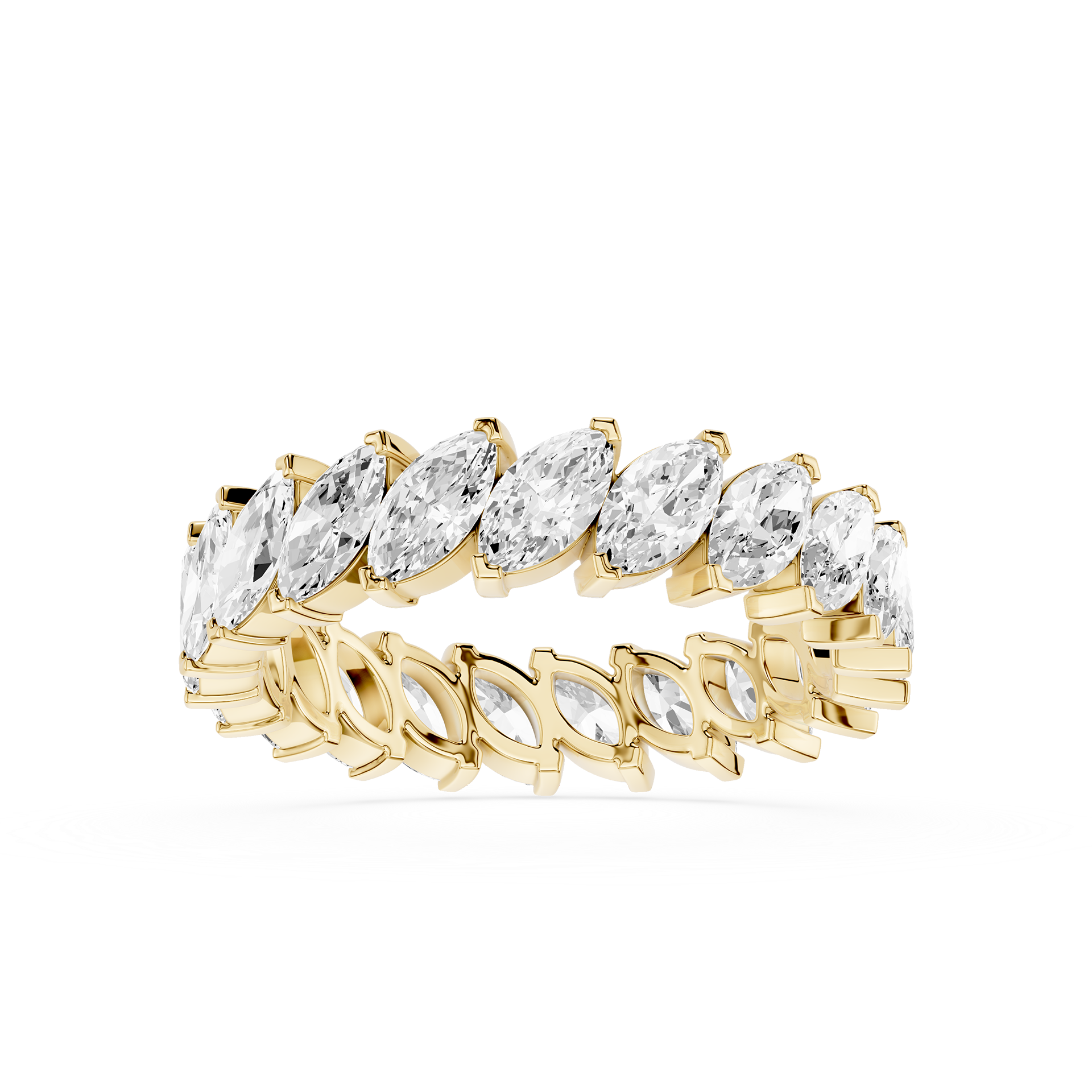 Gold ring with marquise-shaped diamonds on a white background