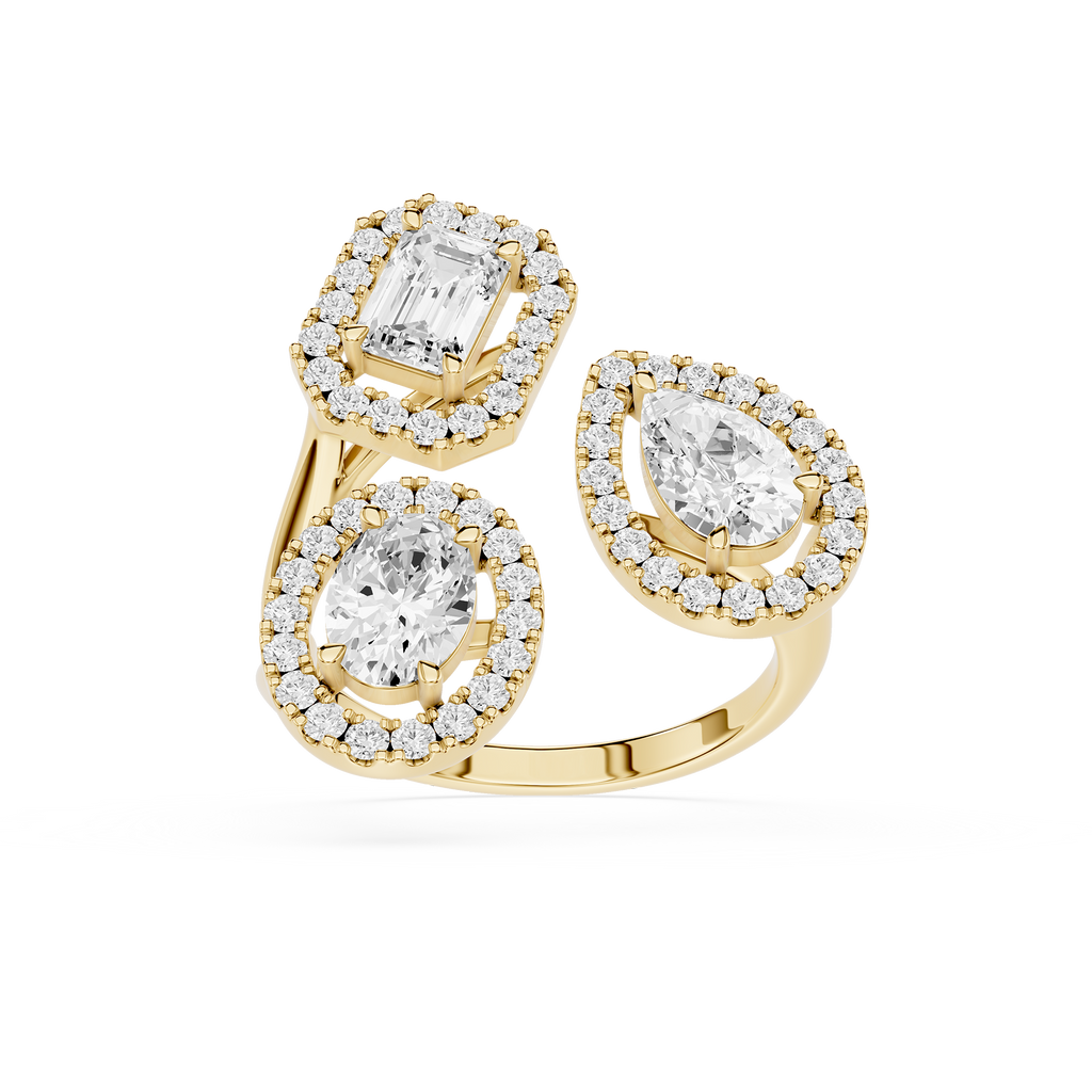 Gold earrings with clear gemstones on a white background