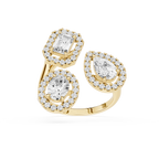 Gold earrings with clear gemstones on a white background