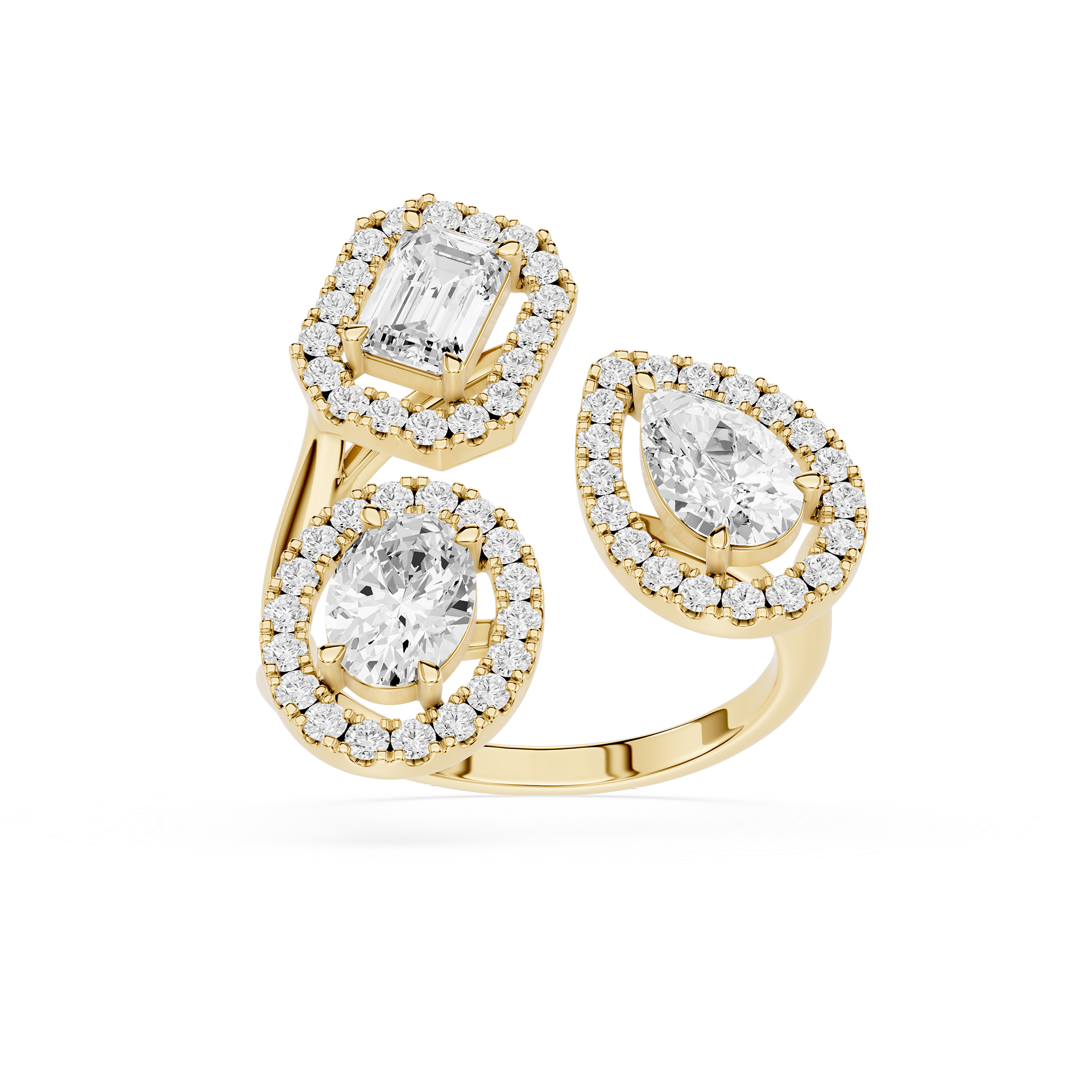 Gold earrings with clear gemstones on a white background