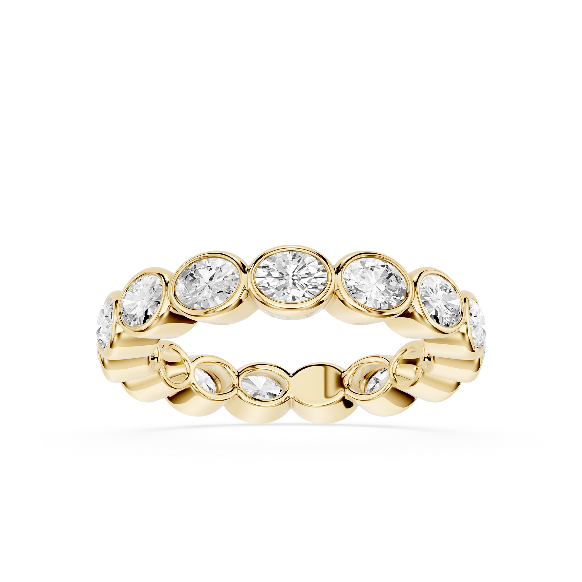 A yellow gold eternity ring featuring a row of round-cut clear gemstones in a bezel setting, shown against a plain white background.