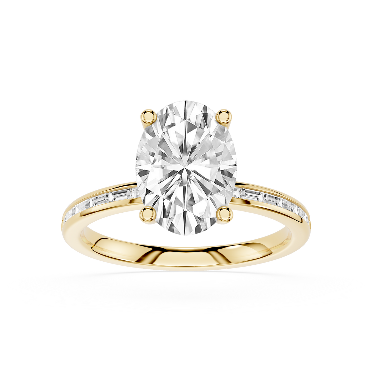 Oval Cut Lab Grown Diamond Engagement Ring with Baguette Accent Band in Yellow Gold