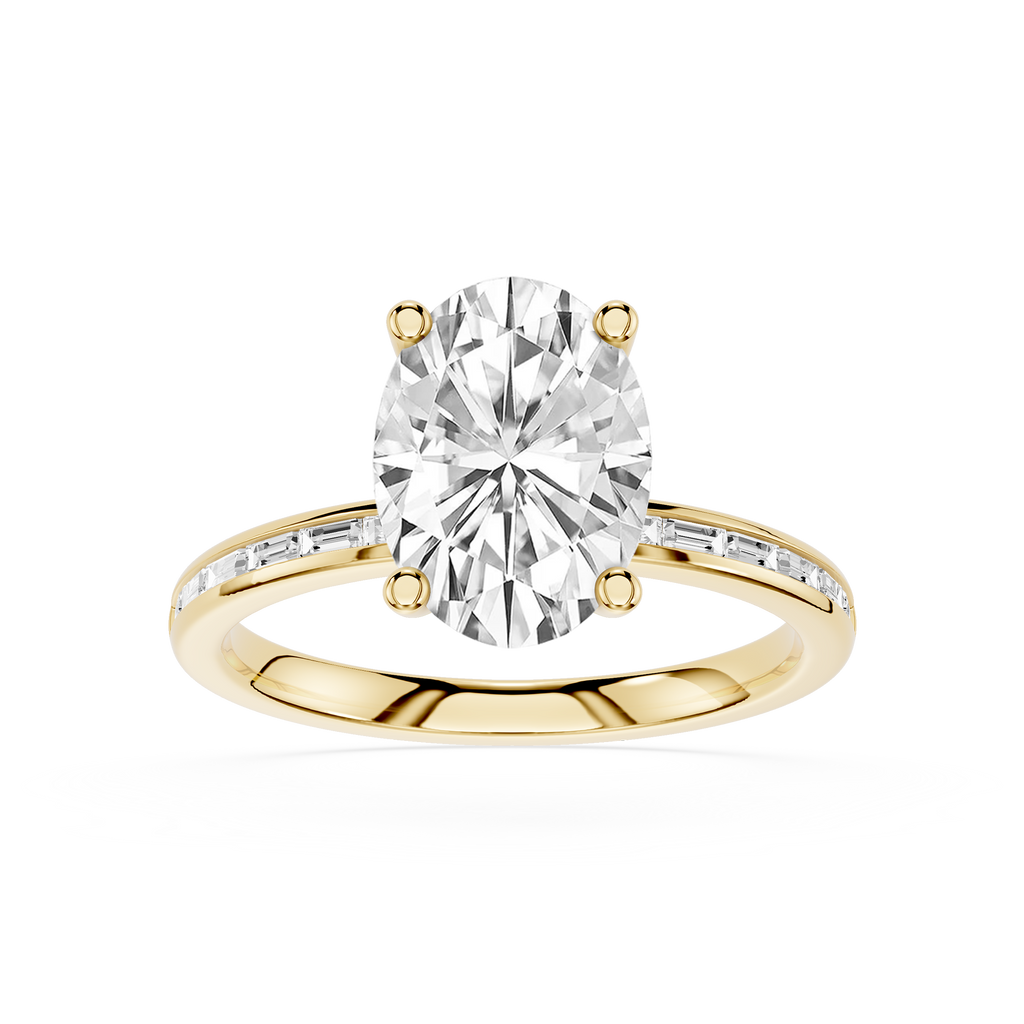 A yellow gold engagement ring featuring a large oval-cut center diamond in a four-prong setting, with a shank paved with small round diamonds, shown on a plain white background.