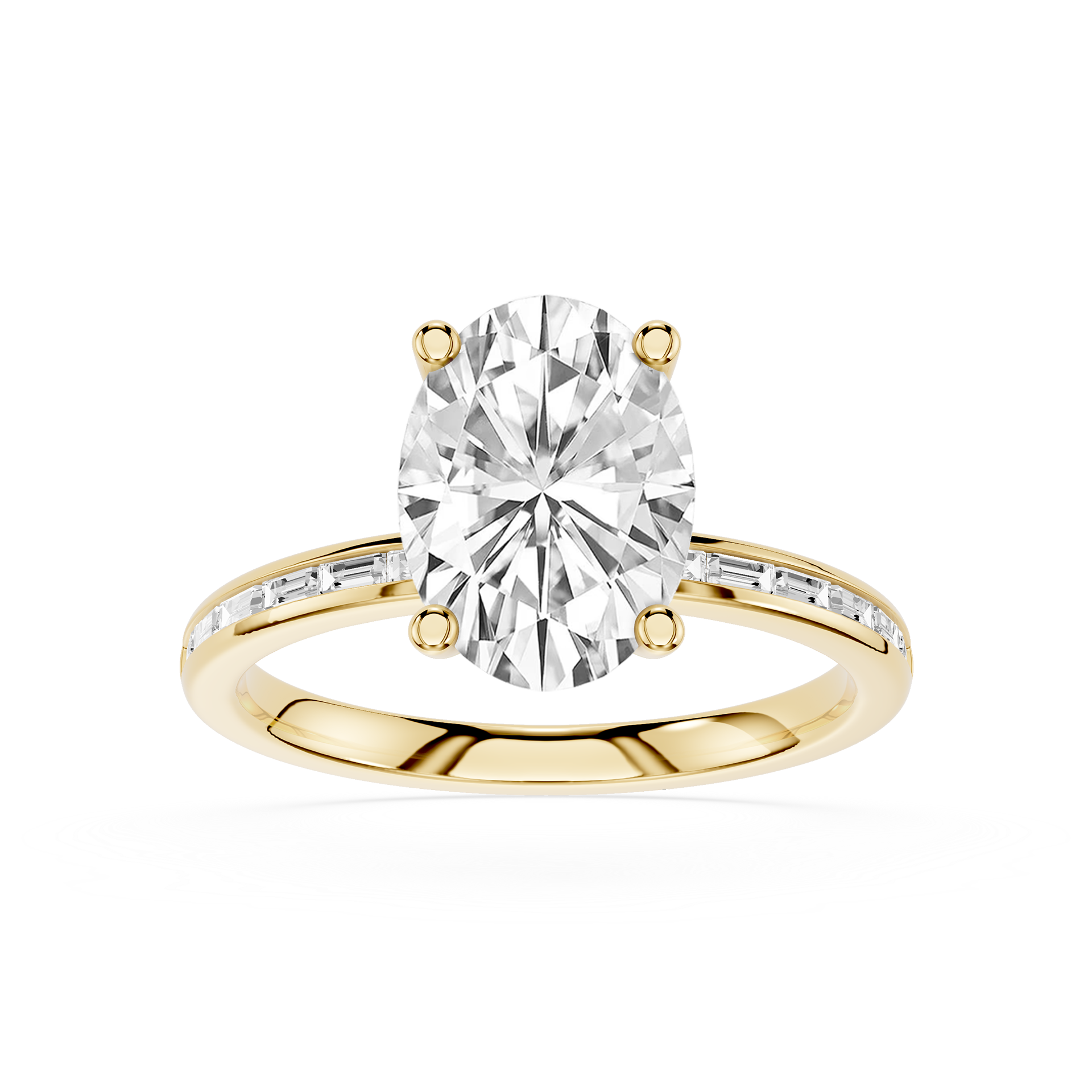 A yellow gold engagement ring featuring a large oval-cut center diamond in a four-prong setting, with a shank paved with small round diamonds, shown on a plain white background.