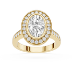 Gold ring with a large central diamond and smaller diamonds around on a white background