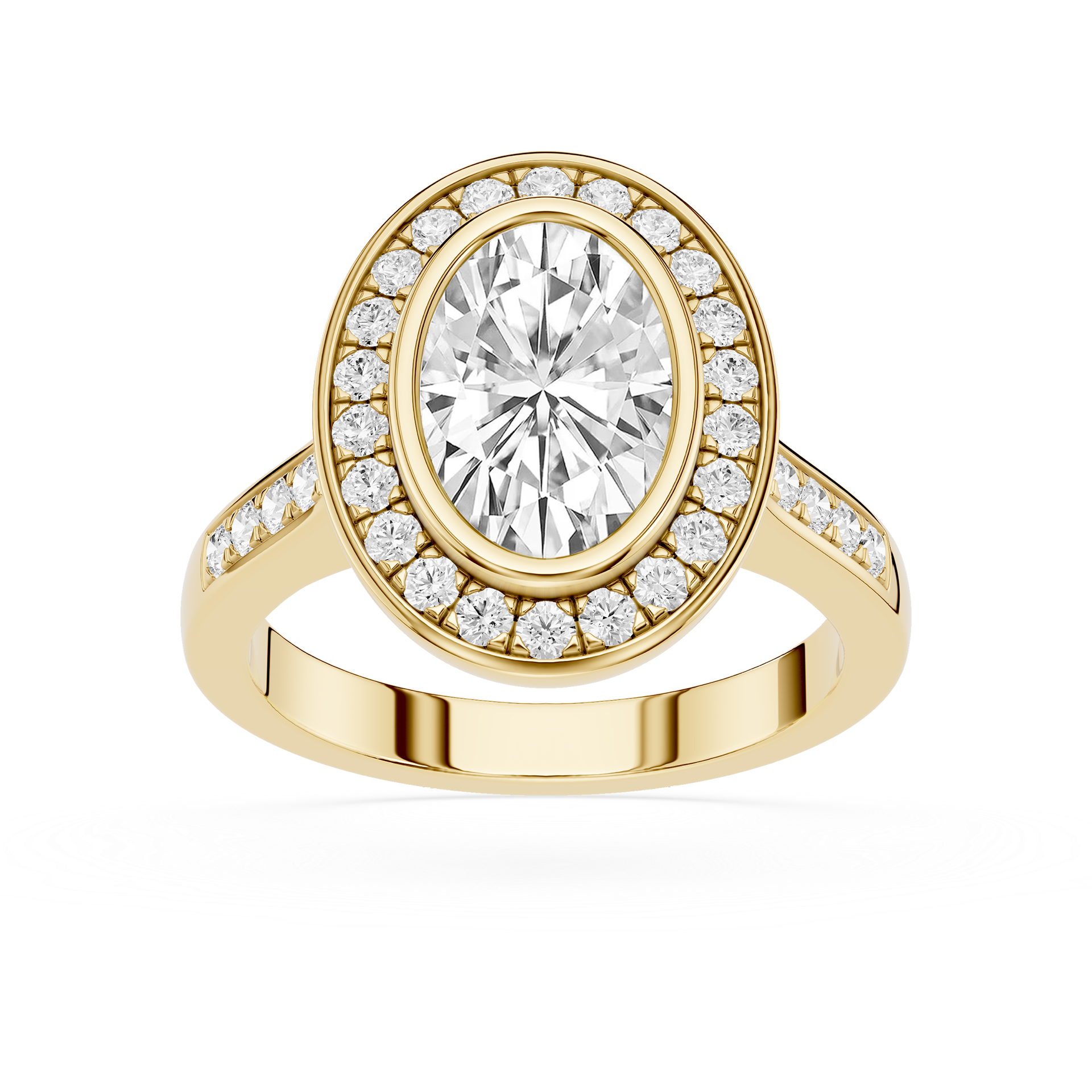 Gold ring with a large central diamond and smaller diamonds around on a white background