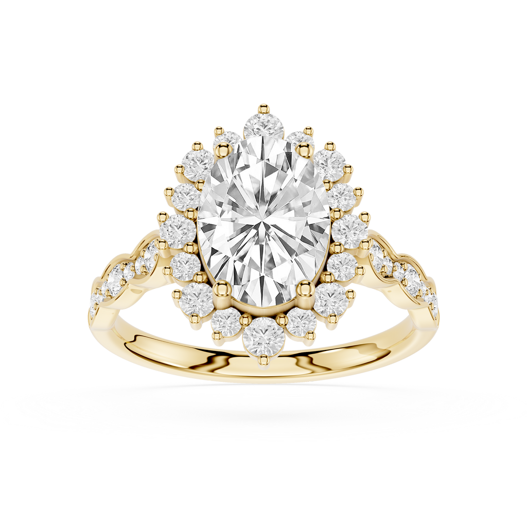 Gold ring with a large central diamond and smaller diamonds around on a white background