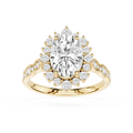 Gold ring with a large central diamond and smaller diamonds around on a white background