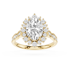 Gold ring with a large central diamond and smaller diamonds around on a white background