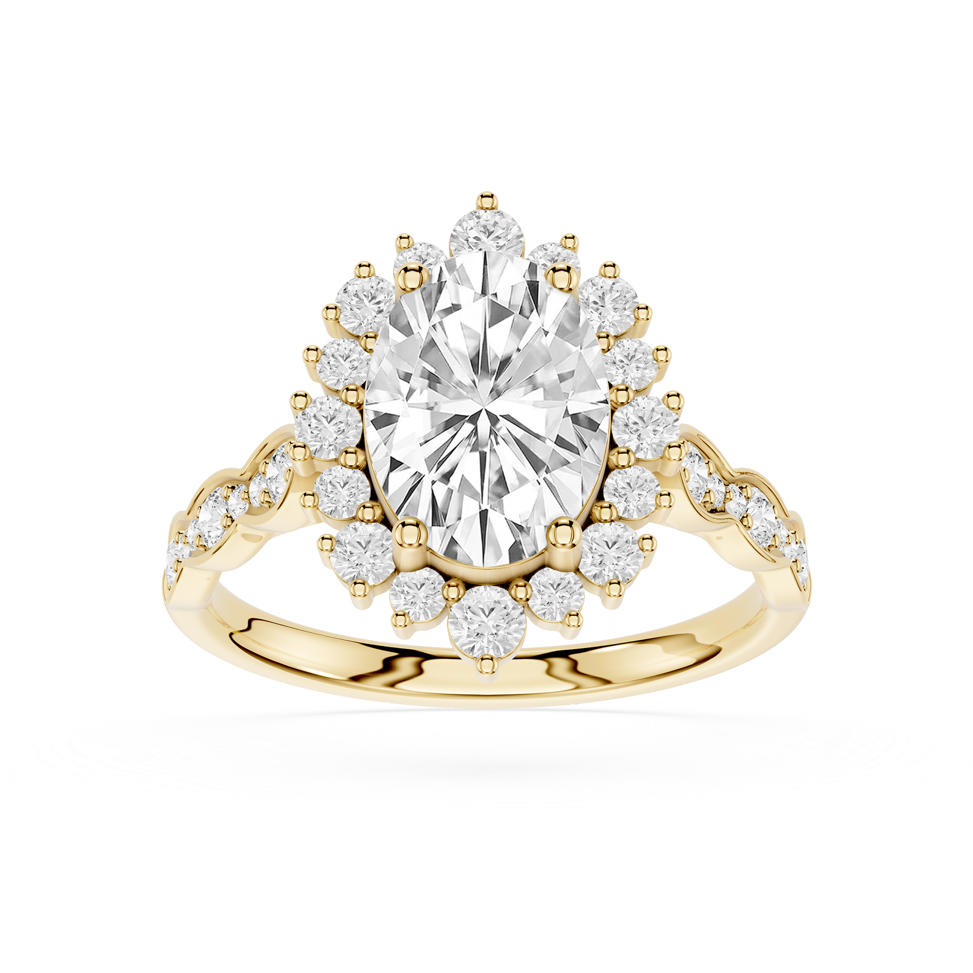 Gold ring with a large central diamond and smaller diamonds around on a white background