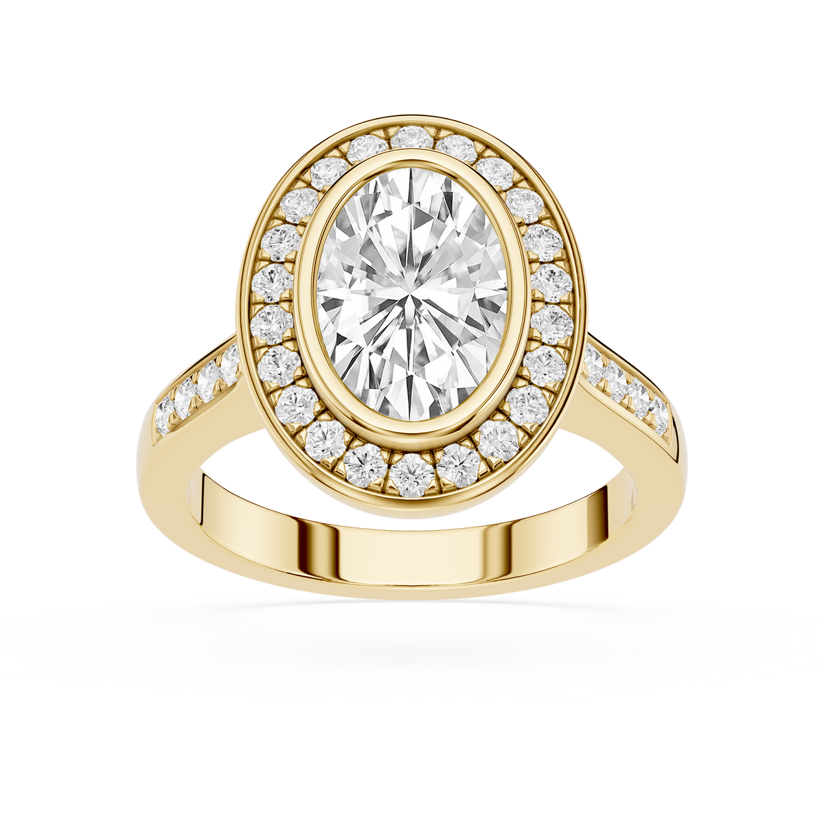 Yellow Gold Oval Cut Lab Grown Diamond Halo Bezel Engagement Ring