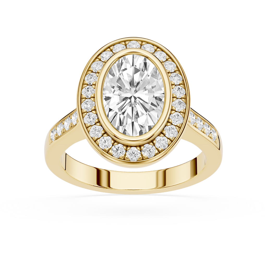 Gold ring with a large central diamond and smaller diamonds around on a white background