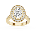 Gold ring with a large central diamond and smaller diamonds around on a white background