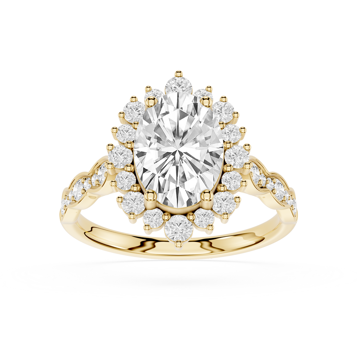 Front View Of Oval Lab Diamond Vintage Floral Cluster Halo Engagement Ring