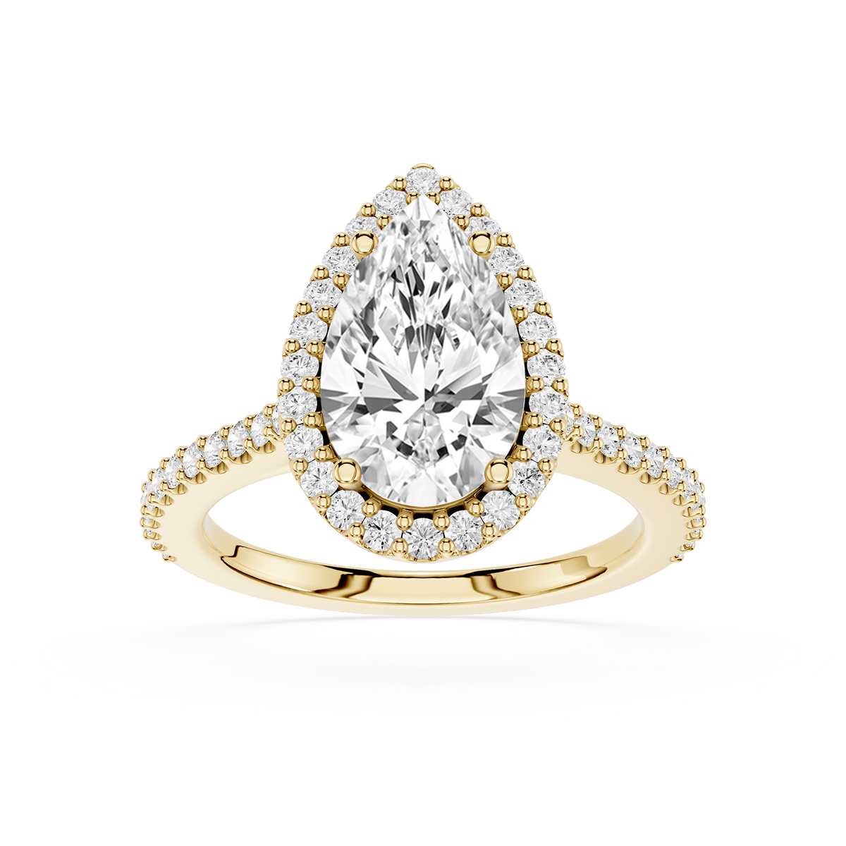 Pear-shaped lab-grown diamond halo engagement ring made with a yellow gold band.