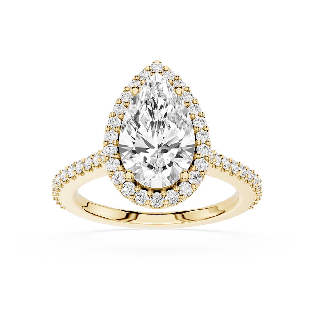 Gold ring with a pear-shaped diamond and smaller diamonds on a white background