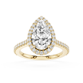Gold ring with a pear-shaped diamond and smaller diamonds on a white background