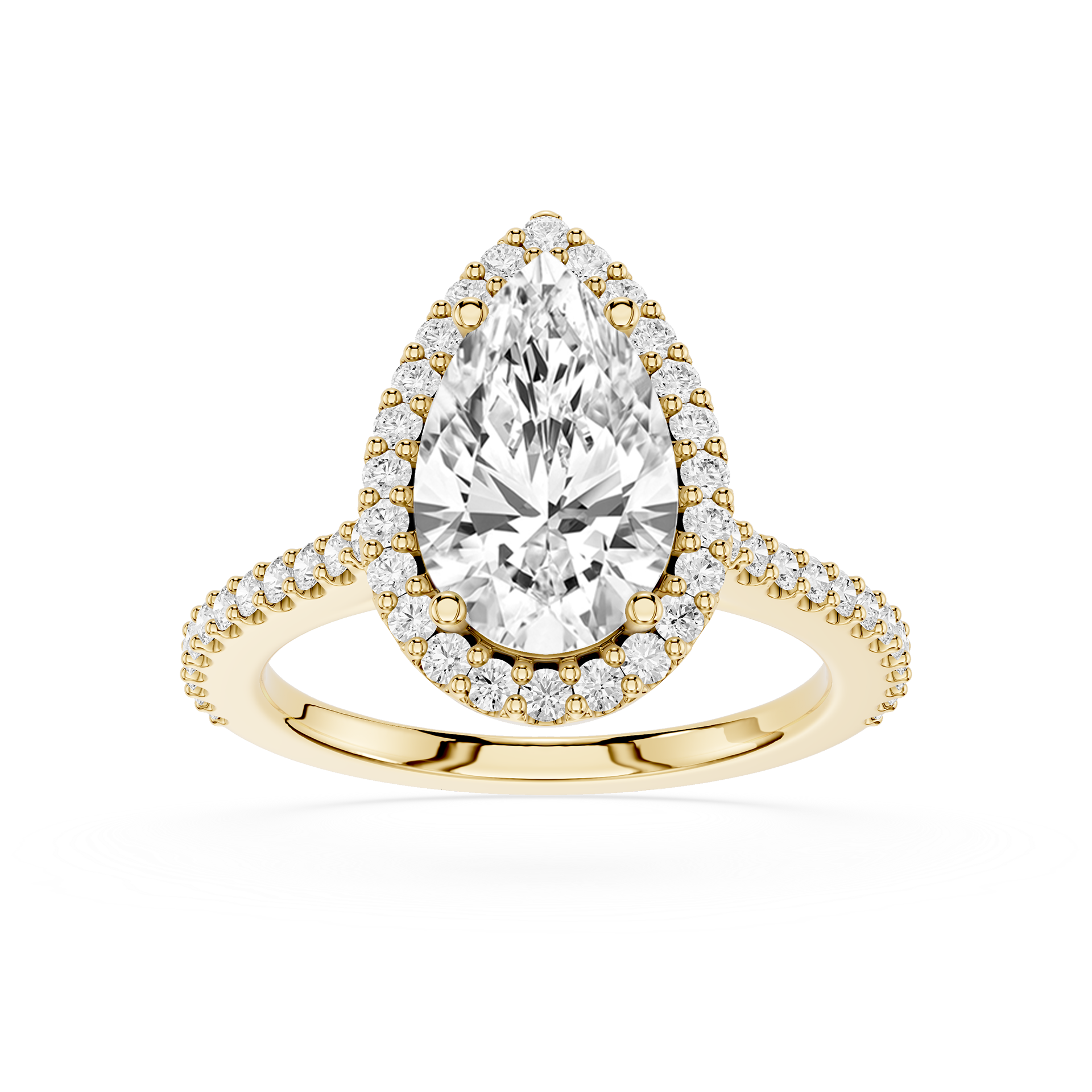 Gold ring with a pear-shaped diamond and smaller diamonds on a white background