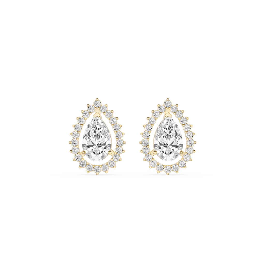 Pair of pear-shaped diamond earrings with gold accents on a white background