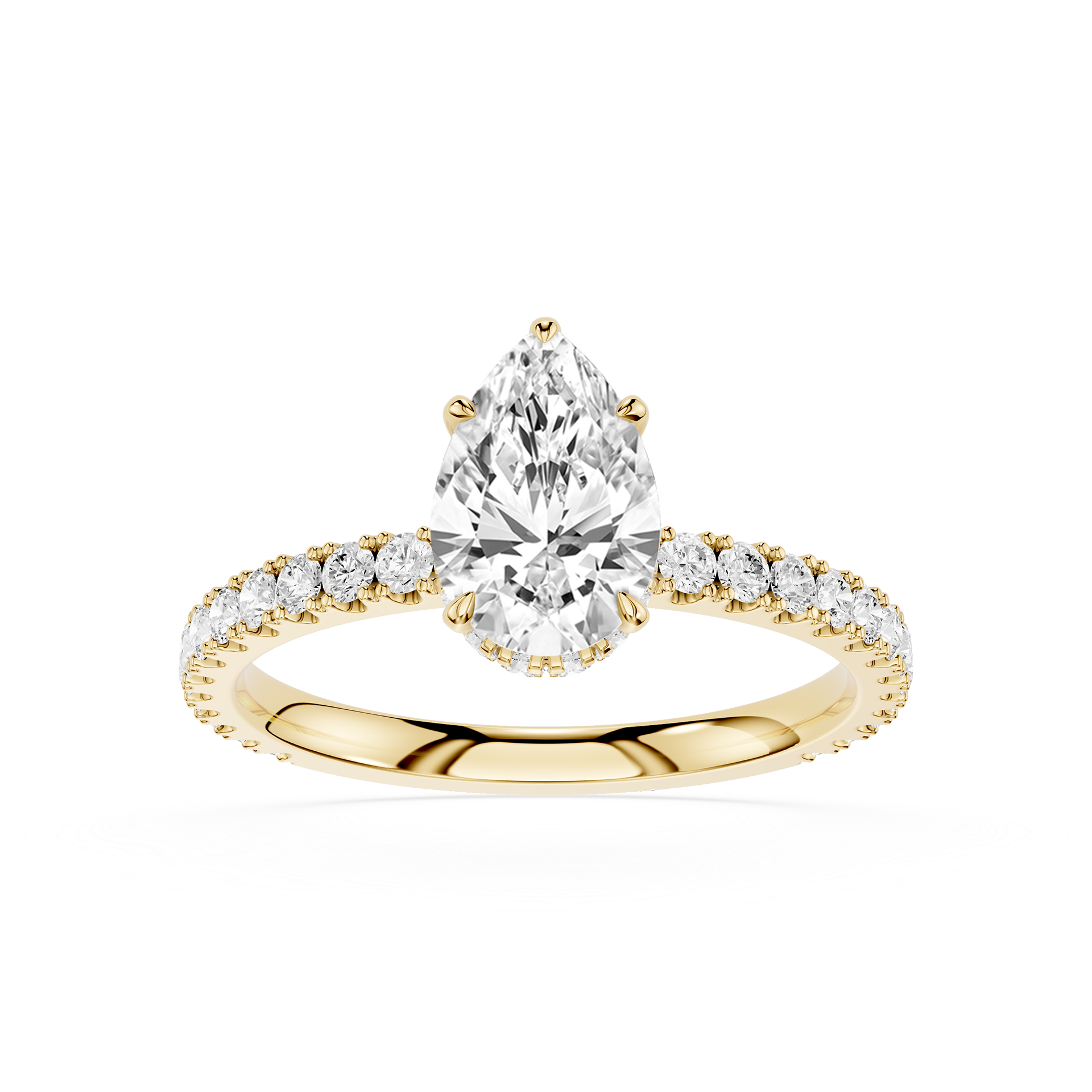 Gold ring with a pear-shaped diamond and smaller diamonds on a white background