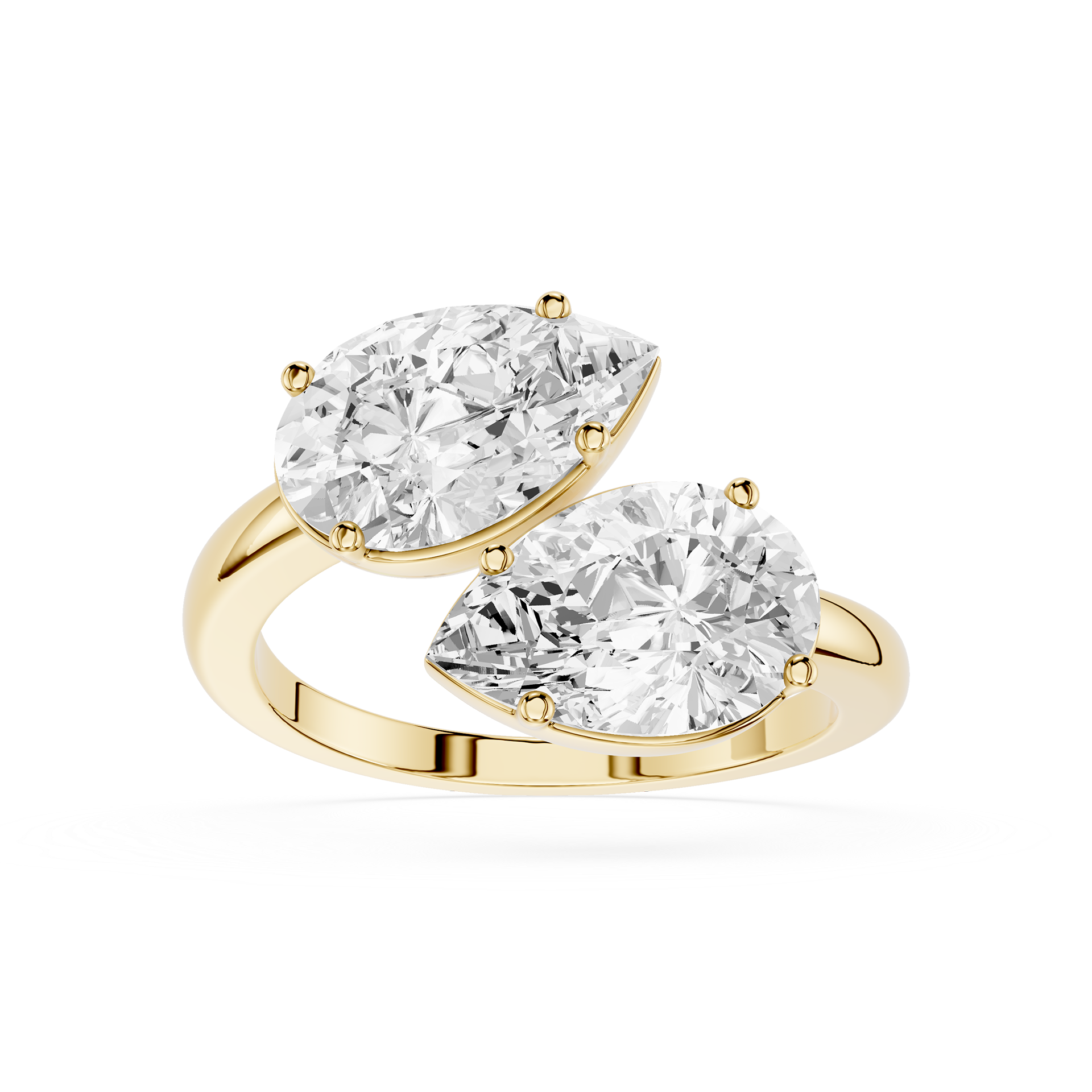 Gold ring with two pear-shaped diamonds on a white background