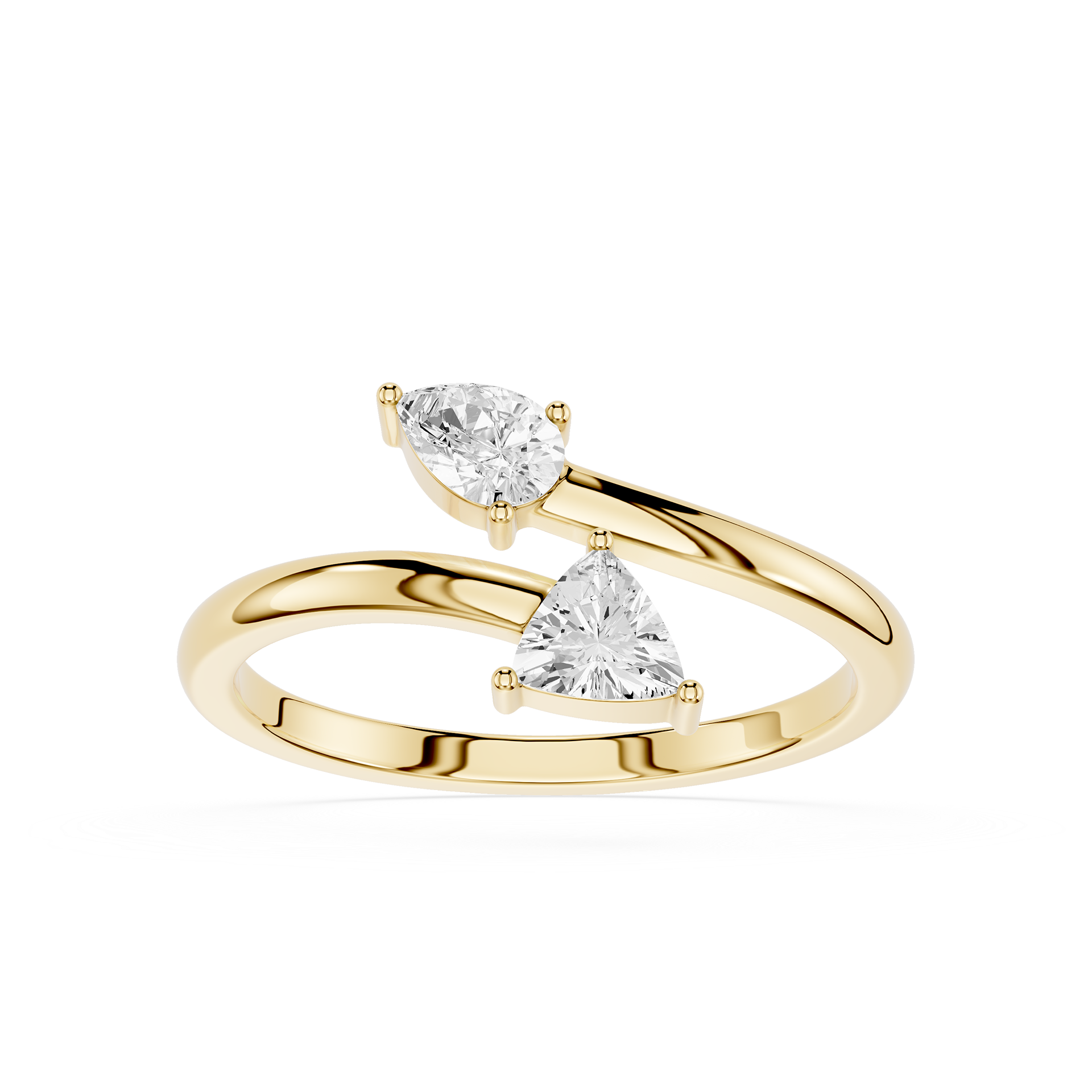 A yellow gold ring featuring two triangular-cut clear gemstones in a split-band design, set against a plain white background.