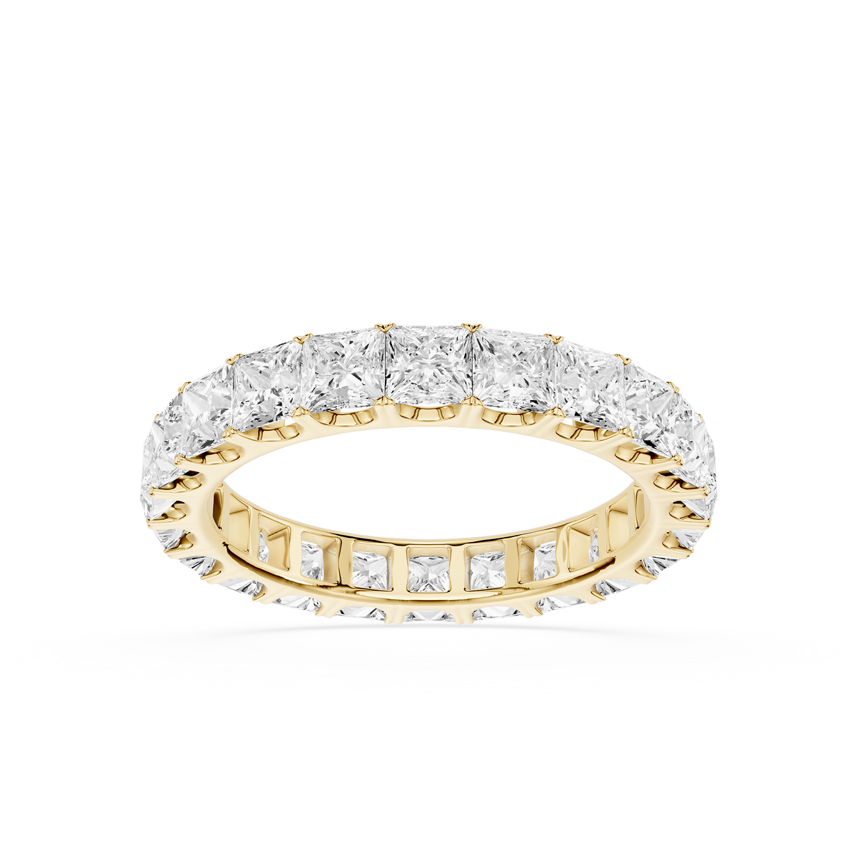 A yellow-gold eternity band for women, set with colorless princess-cut lab-grown diamonds.