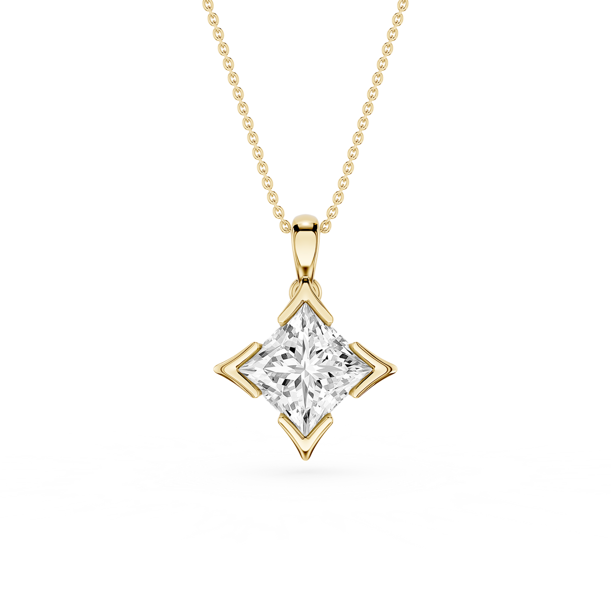 Gold necklace with a diamond pendant on a white background