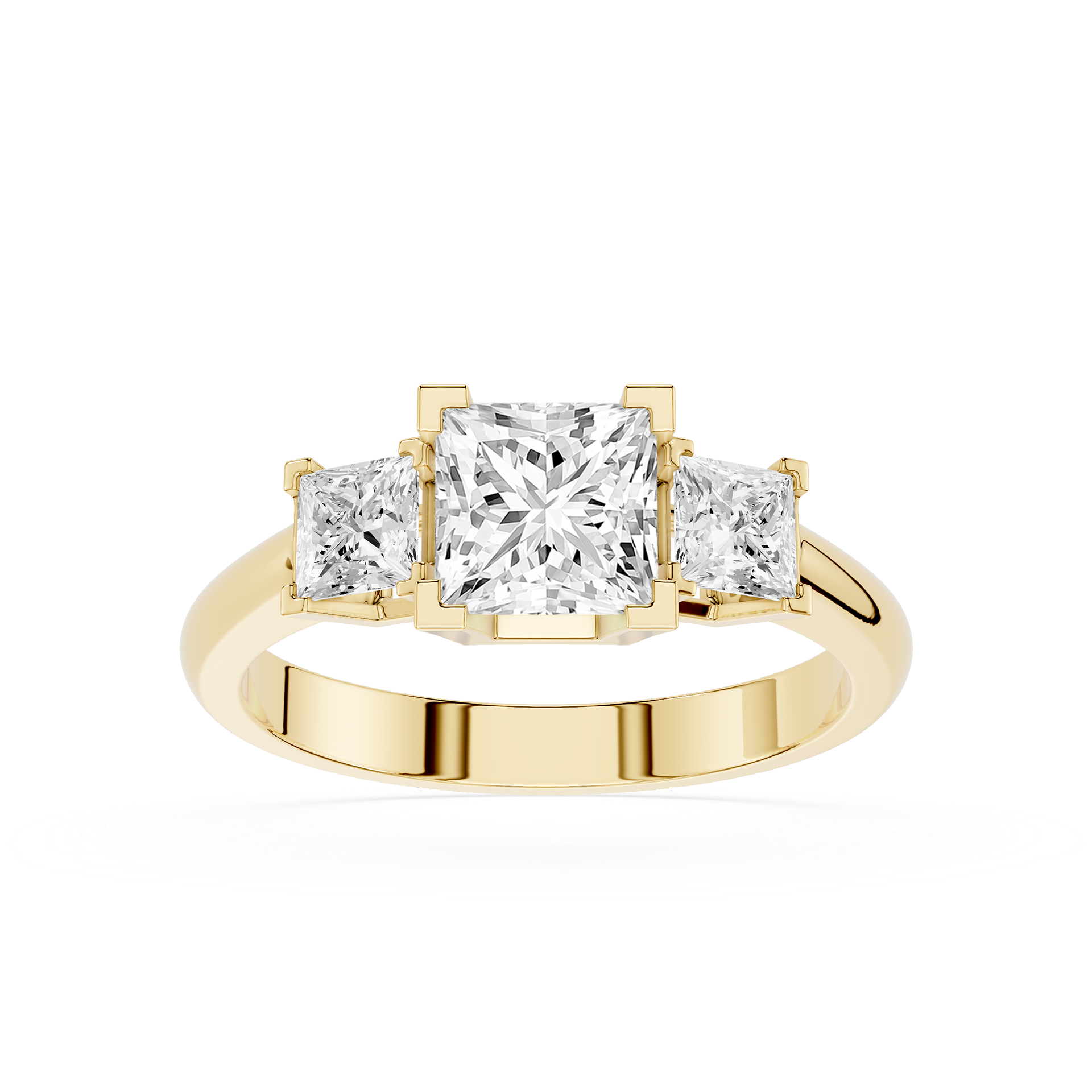 Gold ring with three princess-cut diamonds on a white background